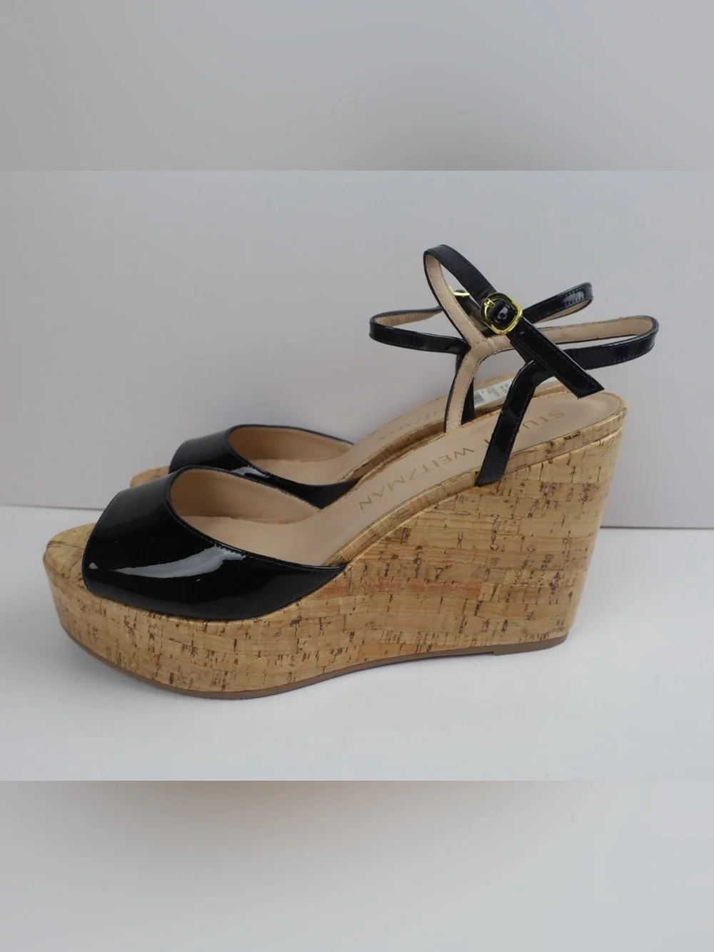 Stuart Weitzman Palmina Black Patent Leather Cork Wedge Sandal- 10- 0513
